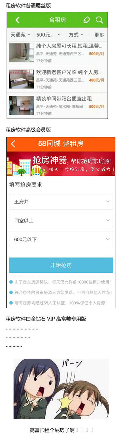 租房软件普通屌丝版、高级会员版和钻石白金VIP高富帅专用版的区别